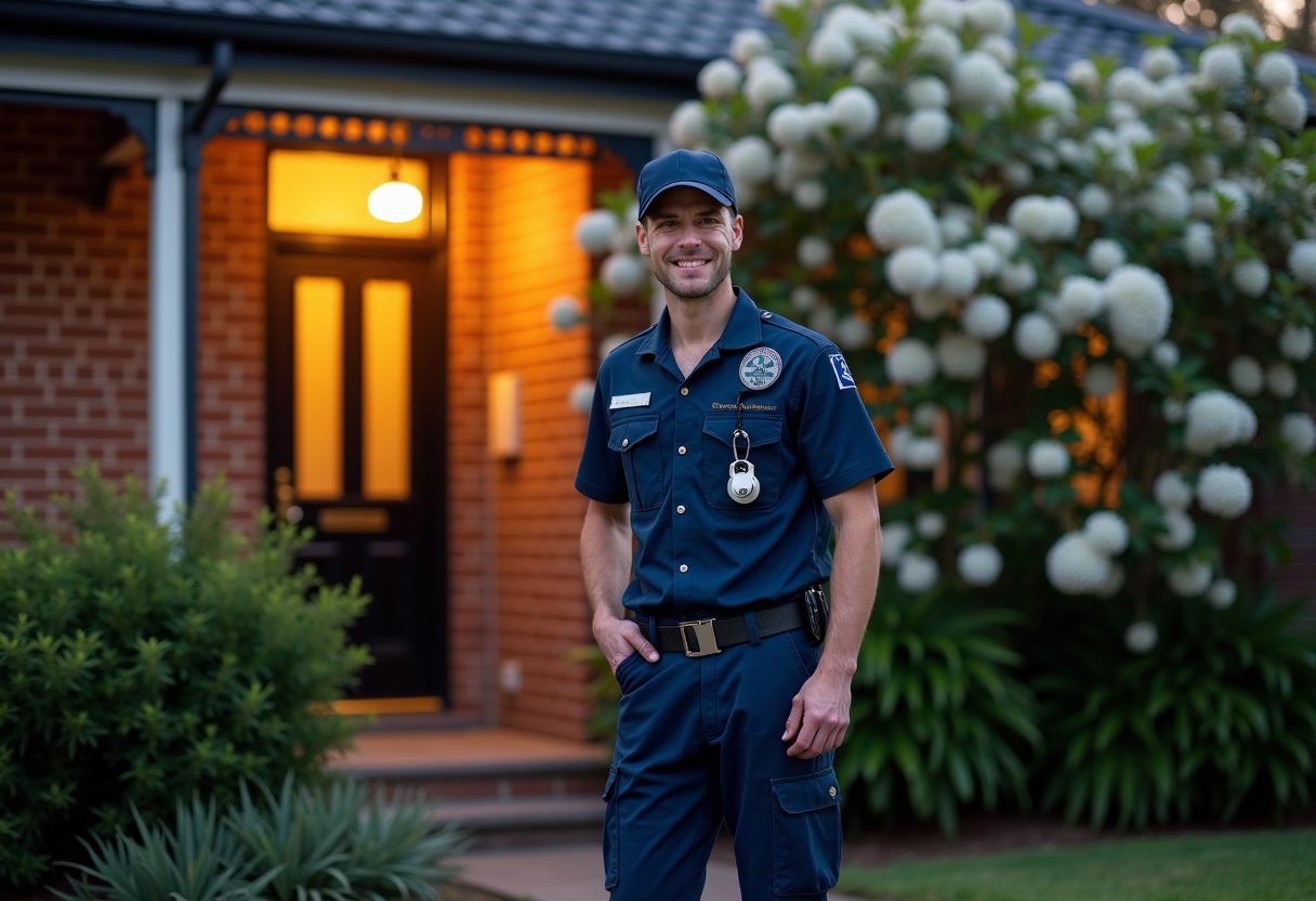 Locksmith opening a Federation home's front door at dusk — Castlecrag