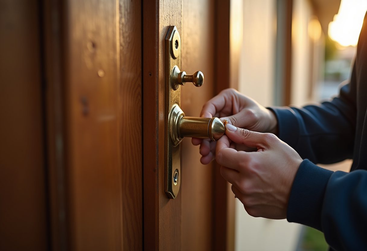 New brass deadlock fitted to a timber front door